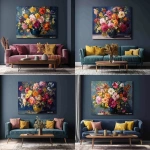 **colorful, large bouquet of flowers in a vase on the wall, living room interior with a sofa and coffee table, an oil painting with a dark blue background, vibrant colors, and golden accents. a large canvas print for home decor with the text "rasyar sani" at the bottom center. --ar 128:125** - Variations (Strong) by <@1313000520759377972> (fast)