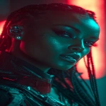 **realistic cyberpunk black female, at night, with neon lights in the background, red and turquoise. Strong light from above, on the face. High contrast. The female is looking towards the camera 3/4 view, she has braids, glowing eye cyber gear and an ear piece --ar 9:16** - Image #2 <@1174469651695144981>