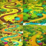 **There is a long, winding road in the middle, with bushes and trees growing thickly around it. --ar 9:16 --sref <https://s.mj.run/KJhR8DM9C-E> --niji 6** - <@447120038336397333> (fast)
