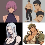 **original anime character, hand-drawn portrait style, thick bold outlines, clean cel-shading, visible sketch lines, crosshatching on fabric folds and underlying anatomy, ultra-detailed line art with zero clutter, sharp and defined facial features, full-color rendering, high visual clarity of face and body, character-centered composition include multiple perspective variants: frontal heroic close-up (face and torso squared), three-quarter angle showing jawline and stance depth, low-angle upward shot for size and presence, high-angle downward for clothing detail, side profile close-up with flowing fabric and sharp expression uncluttered background, zero special effects, only character and clothing, emphasis on silhouette, expression, pose, and detailed costume, anime character design with clear visual logic --niji 6 --raw** - <@266429059049848832> (fast)