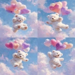 **fluffy white teddy bear flying with pastel heart-shaped balloons, soft fur texture, dreamy sky background, oil painting style, soft brushstrokes, whimsical and cute, pastel colors, highly detailed, fantasy illustration --ar 3:4** - Variations (Strong) by <@1260560390853754923> (fast)
