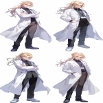 **Male doctor in white coat, blonde ponytail, green eyes, haggard and good looking, wearing slippers, formal attire, name tag, full body, --ar 9:16 --niji 6** - Variations (Strong) by <@915835811092656128> (fast)