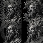 **black and grey illustration of Jesus Christ --v 7.0** - Zoom Out by <@1142119265961513122> (fast)