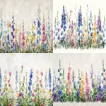 **A watercolor painting of wildflowers, with pastel colors and delicate brushstrokes, in a vintage style on a white background. The flowers include larkspur and delphiniums in various shades of purple, pink, blue, green, yellow, and cream. They are arranged in a row along the bottom edge of the canvas, creating an elegant border effect. --ar 128:75 --v 6.0 --s 250** - <@756269320539209761> (fast)