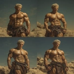**Realistic 3d rendering. Full body portrait of ruggedly handsome, Hyper muscular handsome elf, bright silver eyes, short curly blonde hair, short pointed ears, defined muscles, pronounced features, hyper muscular, wide Grecian nose, strong square jaw, defined cheek bones, masculine features, freckles. Bodybuilder. wearing a tight short leather skirt. His oiled skin glistens under intense studio lighting. A strong camera flash highlights the shine on his muscles, creating bright reflections on his body, arms, and thighs. Retro fitness photography style, slightly exaggerated lighting contrast, 90s magazine aesthetic, center-framed, studio portrait shot. Standing and posing in a sunny rocky field. --ar 5:6 --v 7.0** - Variations (Strong) by <@1222981214734913607> (fast)