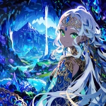 **an agarthan beauty with an ethereal, otherworldly presence, elegant and serene, standing in the foreground, luminous eyes and refined features, flowing hair and ornate adornments inspired by inner-earth civilizations. Behind them stretches a vast Agarthan landscape with crystalline mountains, radiant caverns, glowing flora, ancient stone structures, and cascading light. Vivid saturated colors, high color contrast, rich jewel tones, anime-inspired fantasy illustration, clean sharp linework, smooth polished rendering, crisp edges, high clarity detail, visually striking composition --niji 7** - Image #3 <@1013725246831997000>