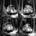 **black and white sketch Frank Miller style, a VW T2 from back, parked in a forest at night, headlights off, no light . --ar 3:2** - Remix (Strong) by <@1079526535603699793> (fast)