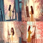 **A girl in a yellow dress stands at an easel, painting, her long hair flowing. The painting style is cute and cartoon-like, with clean lines and bright colors. Sunlight streams in through the window, and the blossoms bloom outside, creating a peaceful, serene, and creative atmosphere. The overall color scheme is warm, and the soft lighting adds to the gentle charm. --ar 16:9 --v 7.0** - <@1150458218460479559> (fast)