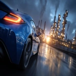 **A closeup of a blue sports car in motion pulling into an oil refinery with the refinery easily visible. make it epic blue lighting. epic sky at dusk. dark gradients cinematic --ar 3:2 --v 7.0** - Image #1 <@1264975901624631358>