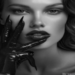 **ultra detailed 8k cinematic black and white beauty portrait of a young woman from chest up, vertical frame, face, hands and hair filling the composition, smooth neutral grey studio background with soft dark vignette on the edges, center of the frame is her eye, lips and finger in a "shh" gesture oval symmetrical face with soft but well defined features, ultra smooth flawless skin, no pores, no wrinkles, perfect beauty retouch, straight elegant nose with soft highlight along the bridge and gentle shadow under the tip full sensuous lips with a sharp cupid’s bow, slightly parted, a thin bright glossy highlight strip on the lower lip emphasizing volume, subtle light reflection on the lip gloss one eye visible through a gap between fingers, other eye mostly hidden by the upper hand, long thick eyelashes like fake lashes, small bright catchlight in the pupil, upper eyelid with smoky eye makeup, darker tone along lash line fading smoothly towards the brow, dark thick well shaped eyebrows, gently arched, not overdramatic dark wavy hair, big glossy waves falling down, one clear S-shaped wave on the right side of the frame, soft highlights along the strands to show texture, hair swept away from the cheeks so the face is not covered both hands in thin semi-transparent black gloves up to the forearm, upper hand placed horizontally across the upper face, back of the hand towards camera, fingers slightly spread so that one finger is above the brows and another lower finger creates a narrow gap that reveals the eye, fingertips long and tapered, sharp stiletto-like nails visible under the sheer fabric, subtle darker seams along the fingers and glove edges lower hand bent so that the index finger is vertical and gently touching the center of the lips in a classic "shhh" pose, [...]** - Image #3 <@1264899319799222315>