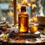 **A realistic amber glass tincture bottle sits on a rustic wooden table with dried fennel seeds, ginger slices, and chamomile flowers scattered around. A polished piece of granite rests beside the bottle, with autumn leaves and a steaming cup of herbal tea in the background. Warm golden sunlight filters through a nearby window, evoking November calm and grounding. --v 6.0 --s 750** - Image #3 <@1090630909448949831>