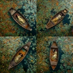 **40 year old Southeast Asian woman laying on a wooden boat floating on a lily filled river** - Variations (Strong) by <@1426411988254199929> (fast)