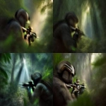 **a modern infantry soldier aiming a rifle in dense jungle terrain, three-quarter side angle, face partially obscured by helmet, goggles, and shadow, contemporary tactical gear with no identifiable insignia or patches, anonymous modern equipment, lush green foliage and thick undergrowth surrounding the scene, dappled sunlight filtering through the canopy, humid atmosphere with mist and floating particles, natural jungle earth and leaves on the ground, focused alert posture, cinematic yet clean realism, ultra-high-resolution photorealistic military imagery, editorial style, no national markings, no logos, no unit identifiers --ar 3:2 --q 2 --s 130 --raw** - <@1316769186084552714> (57%) (fast)