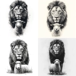 **photo realism. Black and grey design. Male lion posing with a sheep. Sheep is standing in front of lion with lion head towering over. Both animals looking at camera. Clean lines, clean shading. White background --v 6.1** - <@651578269954736176> (fast)