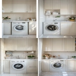 **odern apartment laundry room, one washing machine, sink, cabinets, light color palette, potted flowers, laundry products on shelves, clean and minimal design, bright natural light, cozy and organized, realistic, frontal view --v 6.0 --ar 9:16** - Variations (Strong) by <@1095141824018010255> (fast)