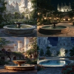 **A polished stone tub in a palace garden. Behind you stands a grand medieval capital, rose vines climbing white stone towers. Night --v 7.0 --ar 9:16** - <@493856209669980164> (fast)