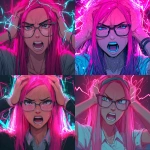 **an angry pink haired girl wearing librarian glasses. She has long straight hair and freckles. She is screaming in frustration pulling her hair with her hands. Neon pink and blue lights. Cyberpunk theme.** - Variations (Strong) by <@233729446534709248> (67%) (fast) --v 7.0** - <@233729446534709248> (fast)
-# Create, explore, and organize on [midjourney.com](<https://midjourney.com/imagine?from_discord=1>)