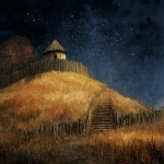 **scottish motte-and-bailey Castle with wooden pallisade on a hill , dark night with shining stars in autum, painting style** - Image #2 <@687598645855649848>