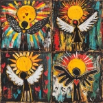 **Music graphic design block print with crayon / brushstrokes. Depicting an image of angel love, sun shining down. The overall style is very abstract and minimalist tribal with a lot of energy --v 6.1** - Variations (Strong) by <@1175766308323864687> (fast, stealth)
