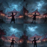 **<https://s.mj.run/prtaYJlQqPI> match this picture and add a carnival ring master wearing a red vest and black suit with no face under his black top hat is welcoming you with his right arm to the creepy weird Lovecraftian carnival filling the background, as a front page art piece painting, --ar 8:11 --v 7.0** - Variations (Strong) by <@1035886146422583346> (fast)