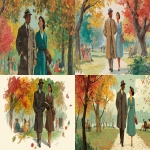 **a vintage illustration of an african american couple in love, walking hand-in-hand through the park on their first date during autumn. the man is dressed in classic mid-century attire with a long coat and hat, while his female companion wears elegant period-appropriate . they both have smiles as they explore nature's beauty in the fall. in the background, trees show leaves changing colors, with people sitting and enjoying the sun, and falling red, orange, green, and brown leaves. --ar 64:35 --v 7.0** - <@1142201622697623682> (fast)