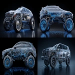 **Stainless steel SUV modern long body, full of hydraulic mechanical parts, ultra bionic super shape, dark background, round lines, over blue cracked base, --ar 16:9** - <@1164377807414116392> (fast)