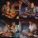 **grumpy Portuguese mustachio'd old man grilling delicious barbecue assorted meats, sausages and chicken over hot coals in a brick barbecue oven, wiping the sweat off his brow with tiny towel, with tanabata-inspired print shirt, photo taken with provia** - <@538878031226470440> (relaxed)
