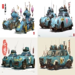 **a dnd style concept art of two feudal japan nuclear powered racing cars made from wood and old iron that inspired by IMX Stiletto rally racing cars style, have a radioactive tank with mini nuclear reaction on the roof, have different number in the body, same size but not identical, dark industrial scifi style, labeled as word toughest racing cars, white-light blue color and hi-viz yellow racing decals with small white hazard markings, mechanical details, Japanese characters graffiti on the body, realistic look, moody atmosphere, a little bit foggy, signal antennas, various size nobori, a lot lucky charms and some lanterns, have japanese anime stickers and some big racing sponsors decals on the body, signal cabbles, on a white background in the style of Studio Ghibli and Makoto Shinkai, cel-shaded, full-body, cartoon, 2D game art --ar 11:5** - <@1043498067623686144> (fast)
-# Create, explore, and organize on [midjourney.com](<https://midjourney.com/imagine?from_discord=1>)