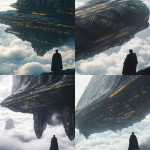 **A huge spaceship is floating in the sky, with many black metallic structures and gold trim on its surface. A dark-haired man wearing long robes stands under it, looking up at it, surrounded by clouds. The scene has an epic sci-fi feel, with high contrast between light and shadow. It was shot using Sony camera equipment, and the photo style is in the style of director James Cameron. --ar 105:128** - <@264129597782753313> (fast)