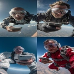 **The photo should be hyperrealistic but with distorted proportions. The framing should distort the proportions, prioritizing the head and shrinking the legs and feet. A 40-year-old man is skydiving, having fun, and wearing clear protective glasses. He's holding a smartphone in his right hand and his gaze is directed at the screen. Focus on the arm and the phone in the foreground. Use of a wide-angle lens. Natural light, surreal photo, crazy proportions. --ar 9:16** - <@1310560084346146826> (relaxed)