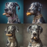 **Female great dane, with blue merle coat. Hyper realistic, eating a hotdog with a diamond chain around her neck that spells out "Izzie with a glizzy"** - <@1144379410347204758> (fast)