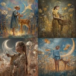 **Ultra-realistic, surreal, vertical dreamscape, multidimensional, barefoot teenage girl standing in a glowing meadow of tall luminous grass, her face radiant with wide expressive eyes, a gentle deer pressing its forehead to her chest, breath between them becoming golden threads of light stretching outward, oversized wildflowers leaning in like curious listeners, petals shimmering like glass, sky alive with surreal flowing starlight and melted silver clouds, a radiant crescent moon with glowing patterns hovering low, atmosphere bright, ethereal, and emotional, dreamlike textures layered in sharp crisp detail, Salvador Dali-inspired surrealism, luminous, breathtaking 8K composition, multidimensional** - <@1074099751546540063> (fast)
