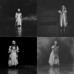 **a black and white photo-realism of a young girl, in ragged white dress, and heavy, dark makeup. she is standing in ankle deep water, looking upwards and grinning. eerie, unsettling. --v 7.0** - <@376196082390138880> (fast)