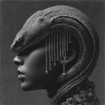 **surreal hip-hop album cover, a snake with a woman’s face as its head, elegant and simple silhouette design, minimalistic jewel-encrusted details, dramatic black and gray tones, the snake coiled in a striking c --s 250** - Image #2 <@533584302466662410>