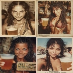 **1983 polaroid photo, full body, drunk beautiful young tanned black-haired woman, muscular fitness bodybuilder female, background is a tiki bar on a Florida beach. Holding out a plastic cup with freshly poured frothing beer, she has long curly hair with sidelocks ringlets and braids, thick eyebrows, amber eyes, big long straight nose lots of freckles, moles above mouth and under eye, short weak chin, chubby cheeks, friendly easy-going smile, intricate details, sign text "FREE BEER TOMORROW - BRING YOUR SPELEOTHEM" --ar 3:4 --v 7.0** - <@538878031226470440> (fast)