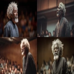 **front-facing, photo realistic of an elderly black man in his 60s, with fascinating grey afro and moderate grey beards, full body, standing in the centre of the frame, full body shot, addressing the student at Oxford University United Kingdom, standing with one hand in his pockets , blurred out audiences in the background and surrounding, detailed aesthestics, beautiful stage lights, wearing smooth dark african native outfit, detailed image, --ar 16:9 --v 7.0** - <@1065391125663322203> (fast)