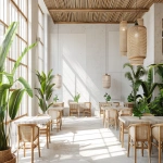 **A minimalist tropical restaurant design, seamless indoor-outdoor flow, white concrete walls, warm wood slats, lush indoor plants, rattan furniture, soft natural sunlight, serene atmosphere, architectural visualization --ar 3:2 --v 6.0** - Image #3 <@1296729788215595112>