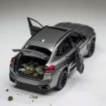 **A studio photograph of a plastic toy BMW X3 M Competition in ash grey, miniature scale, unmistakably a toy car. Extremely exaggerated toy plastic texture, thick glossy injection-molded plastic, visible mold lines, seams, and joints, slightly matte-to-glossy synthetic finish, tactile toy-like surface. Simplified details, rounded edges, chunky proportions, playful scale model aesthetics. The car is perfectly centered in the frame and appears small within the composition, with lots of clean negative space around it. Rear left three-quarter view. The trunk is open, revealing two transparent plastic toy bags filled with stylized cannabis buds made of plastic, clearly fake and toy-like. The front left door (driver side) is slightly open, and bundles of toy money bills made of plastic are falling out onto the white surface, frozen mid-fall. Collectible toy, miniature diorama, clearly not real. Seamless white background, high-key studio lighting, soft diffused shadow directly underneath the car, toy product photography style, macro lens look, shallow depth of field, ultra-detailed plastic textures, playful realism, no people, no text --ar 1:1 --v 6.0 --raw** - Upscaled (Subtle) by <@374329521580802048> (fast)