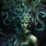 **an ancient eldritch sea goddess with green skin and demonic energy, strong ocean theme, attractive like a siren, head and upper torso portrait, zoomed out** - Image #1 <@1102368940535066624>