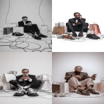 **a photograph of an elegant man wearing black glasses and holding his phone, sitting on the floor with shopping bags around him and cables everywhere in a white space, next to some balenciaga shoes, in the style of a fashion campaign, high resolution, hyper-realistic. --ar 9:16** - <@1140324697154797598> (fast)