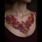 **chest tattoo on a women, tattoo of a phoenix bird made of leaves and feathers, leaves and feathers are fall colors --v 7.0** - Image #2 <@966519024106217482>
