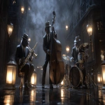 **Rats in suits and fedoras playing Jazz on vintage instruments in a dimly lit sewer, surrounded by mist and flickering lanterns; in the style with bold geometric shapes and expressive lines, blended with the cinematic noir and the moody atmospheric lighting, in stunning 32k resolution. Harlem Renaissance. --ar 16:9 --p on7n3qo** - Image #1 <@935178814189862912>