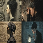 **noblewoman’s hair being painted fully black with thick paste; background of stone wall carvings; lamplight; realistic detailed illustration --ar 16:9 --v 7.0** - <@1168965155363762248> (fast)