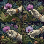 **Science Fiction Classic Ilustrated style. Astronaut glove holding large ominous Orchid flower. background lush exquisite unusual flowers, lush green plants.** - Variations (Strong) by <@1110759032127500369> (fast)