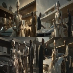 **A realistic photo of a sophisticated female android with a strikingly natural human-like face--expressive eyes, soft skin texture, subtle emotion--wearing an elegant, flowing designer gown. Discreet mechanical joints are visible on her arms and neck. She holds a small dog gracefully while standing near a sleek modern car. Two sharply dressed men engage her with intense gestures, suggesting urgency or competition. Behind them rises a minimalist, elegant villa with clean architectural lines and large glass surfaces. The atmosphere is charged with tension and energy, reflected in their postures and expressions. Dramatic cinematic lighting, warm tones, high realism, inspired by Hajime Sorayama. --chaos 5 --ar 2:1 --exp 50 --profile rvkfcw3 --stylize 150 --v 7.0 --draft** - <@936929561302675456> (fast)