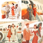 **Pilot and stewardess greeting people on the airplane steps, invite you into the salon, hospitality, cute commercial illustration in light white, beige, orange and bright red tones, add Christmas atmosphere and snow --v 7.0** - <@1178911175929499672> (fast)