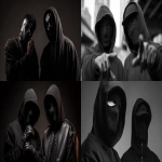 **2 St. Louis Based Rappers, wearing all black, black masks and hoods, gloves, up close and personal 8k professional photography shoot for an album cover --ar 16:9 --v 7.0 --raw** - <@1060379121521279086> (fast)
