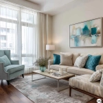 **interior design of a model unit showing the living area in french country style. walnut wood floor. light brown 3-seater sofa. teal, light blue and beige throw pillows. french provincial lounge chairs. sheer white curtains. artwork with teal still life painting, modern gray area rug, abstract painting in teal and white, light rustic brown wood --v 7.0** - Image #2 <@1231814052913877045>