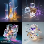 **Transparent prism clusters float in space, refracting and reflecting beams of aqua (TC) and violet (PARP) light while precisely focusing them onto a central point of white to gold (ICI). "Intelligent multi-directional light distribution design" = Combined use creates more paths, amplifying the impression of increased output at the center. A physically oriented light expression, yet minimal and clean, evoking the precision of medical applications. Key Objects Transparent Prism (Subtle edges, abstracted by planes only) Aqua/Violet Collimated Light Beams (Narrow beams, minimal scattering) Central White-Gold Glow (ICI Core) Secondary Caustics (Light patterns floating in space, not on the floor, subdued) Colors: TC=Aqua-based, PARP=Violet-based, ICI=White to Gold** - <@1143439331013431326> (fast)