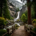 **yosemite nationl park landscape photography, waterfall and trees included, along with a wooden bridge walking path in the foreground --ar 99:128 --q 2 --s 250** - Image #1 <@1041437953232212108>